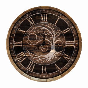 May include: A round wooden wall clock with a dark brown face and a light brown wooden frame. The clock face features Roman numerals and a tree of life design in the center. The clock hands are black.