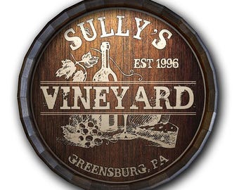 Custom Vineyard Wood Barrel Top Sign, Personalized Bar Decor