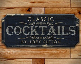 Custom Classic Cocktails Wooded Plaque Sign, Vintage Bar Decor