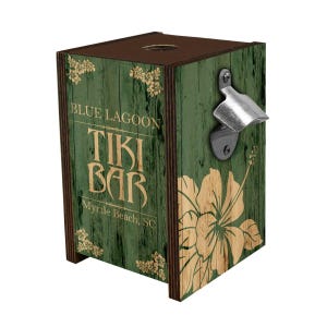May include: A wooden bottle opener with a green, distressed finish. The box features the text "BLUE LAGOON TIKI BAR Myrtle Beach, SC" and a large hibiscus flower design. A silver bottle opener is attached to the side.