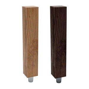 May include: Two wooden furniture legs. One is light brown with visible wood grain, the other is dark brown. Both are rectangular and have a silver metal base. These legs are suitable for various furniture projects.