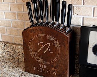Laser Engraved Floral Monogram Knife Block, Personalized Wooden Knife Holder