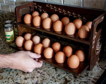 Handcrafted Wooden Egg Holder, Walnut Finish, Farmhouse Kitchen Decor