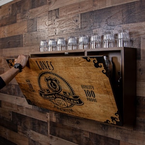 Personalized Murphy Wall bar Hidden Liquor Cabinet – Fold Down Bar Shelf with Custom Distillery Design