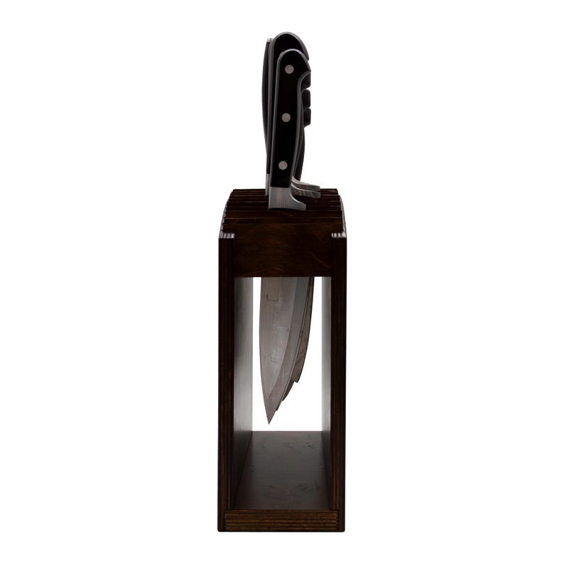 Laser Engraved Knife Block with knives Dark Stain Custom Floral Circle Monogram with Name Handcrafted in the USA side view