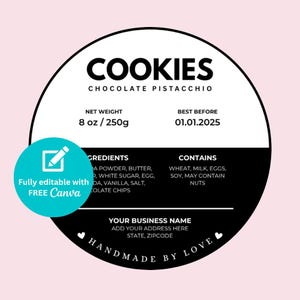 Editable Cottage Food Label, Printable Bakery Ingredient Labels, Small Business Packaging Stickers, Canva Template, Baking Printable, Cookie