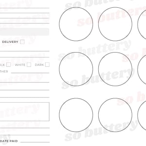May include: A printable order form for a bakery, with sections for customer information, order details, and payment. The form includes a section for dipping options, flavour, colours, toppings, and notes. There are also nine blank circles for customers to select their desired flavours.