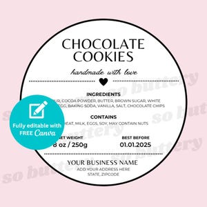 Editable Cottage Food Label, Printable Bakery Ingredient Labels, Small Business Packaging Stickers, Canva Template, Baking Printable, Cookie