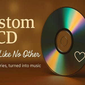 May include: A custom CD with the text "Custom CD" and "A Gift Like No Other." The CD is iridescent with a white heart symbol. Musical notes are in the background. The text "Your memories, turned into music" is also present.