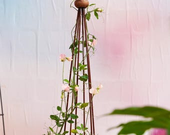 Small Obelisk Garden Trellis: 42.5" Metal Plant Support with Wooden Finial for Vines