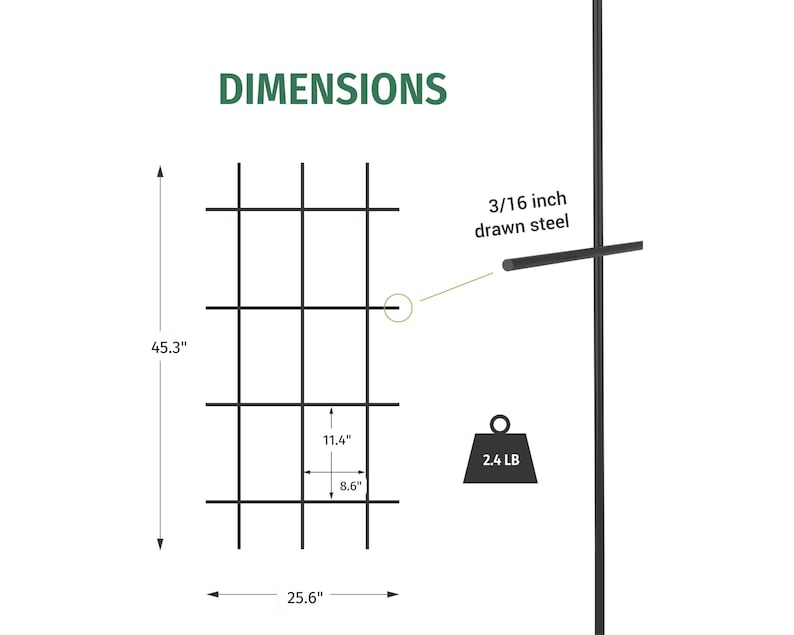 May include: Black metal grid with dimensions labeled: 45.3" high, 25.6" wide, and 8.6" x 11.4" grid openings. Made of 3/16 inch drawn steel, weighing 2.4 LB. The word "DIMENSIONS" is at the top.