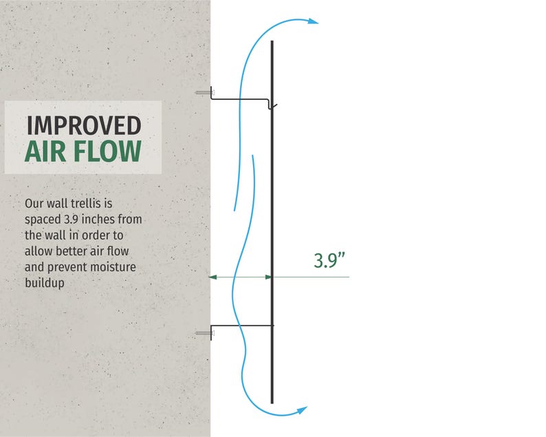May include: Diagram illustrating improved air flow for a wall trellis. The text reads "IMPROVED AIR FLOW" and explains the trellis is spaced 3.9 inches from the wall to allow better air flow and prevent moisture buildup. Blue arrows show air circulation.