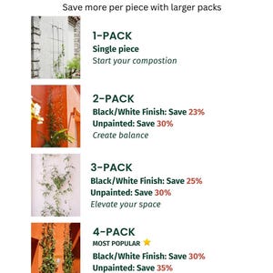 May include: Image with text "CHOOSE YOUR SET" and options for 1-pack, 2-pack, 3-pack, and 4-pack sets. Each option includes a description and savings percentage for black/white finish and unpainted options.