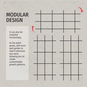 May include: Image of a modular design for plant growth. The design features a grid pattern with text that reads "MODULAR DESIGN". The text also describes how the design can be installed horizontally and allows for customizable growth patterns.