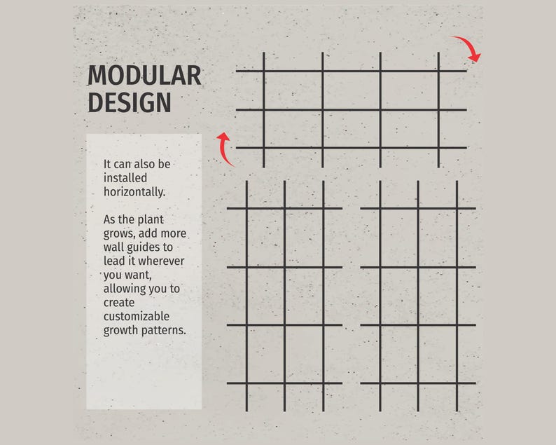 May include: Image of a modular design for plant growth. The design features a grid pattern with text that reads "MODULAR DESIGN". The text also describes how the design can be installed horizontally and allows for customizable growth patterns.