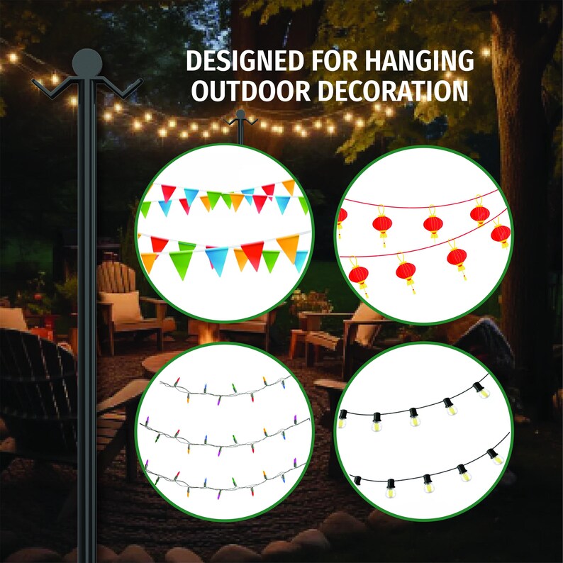 Image showing other uses for the metal poles: designed also for outdoor decor such as garlands, festive decor, etc.