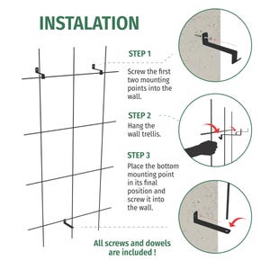 May include: Diagram illustrating the installation steps for a wall trellis. The image shows a black trellis with mounting hardware, and instructions including screwing points into the wall, hanging the trellis, and securing the bottom. Text reads "INSTALATION".