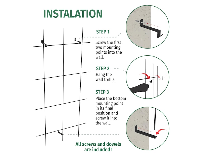 May include: Diagram illustrating the installation steps for a wall trellis. The image shows a black trellis with mounting hardware, and instructions including screwing points into the wall, hanging the trellis, and securing the bottom. Text reads "INSTALATION".