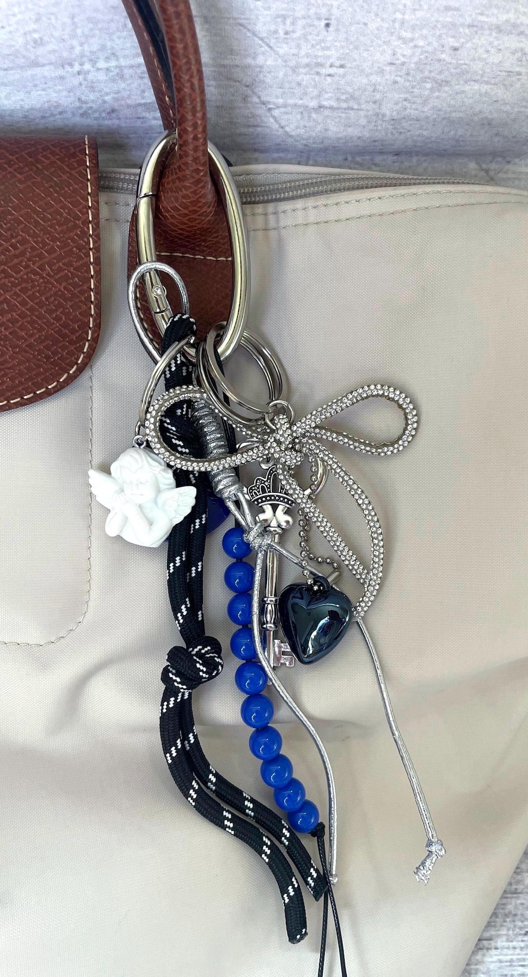 Blue Metallic Keychain, Braided Ribbon Charm, Y2K Blue Beads Bag ...