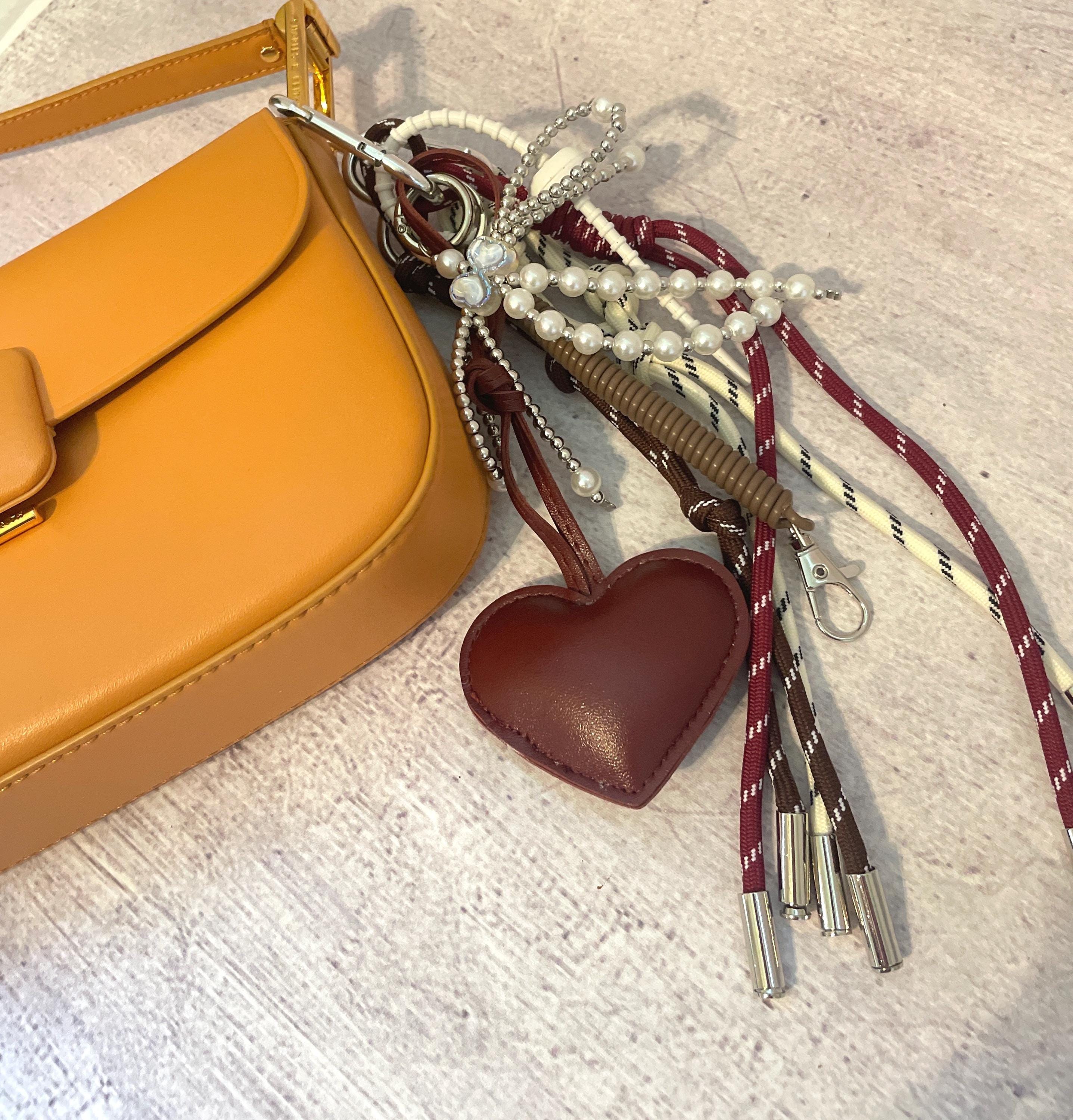 Ruby Red Heart Keychain, Pearl Ribbon, Rope Charm, Elegant Summer Bag ...