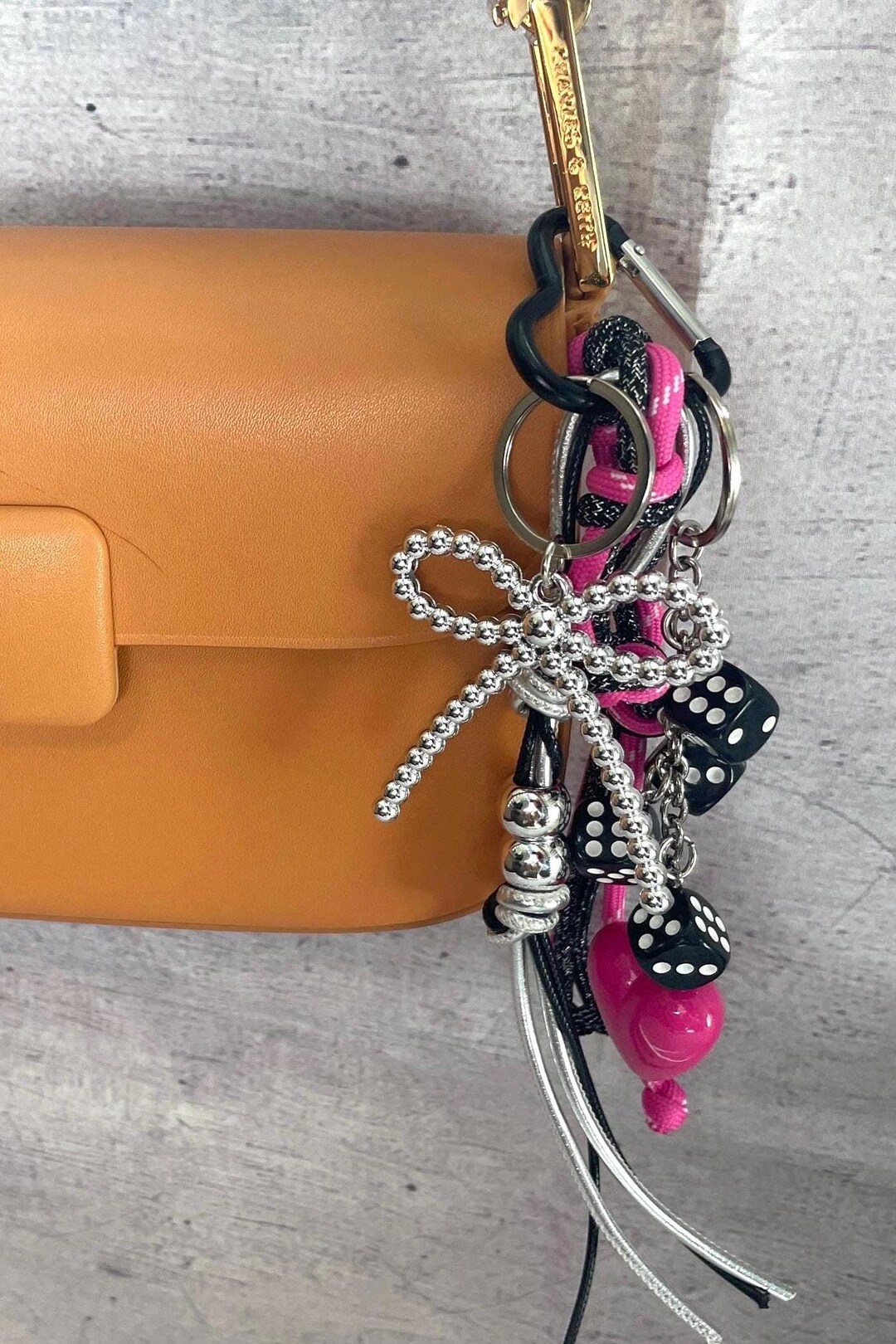 Keychain Y2k Rope Pink Heart and Silver Ribbon Keychain, Rope Strap Charm, Y2K Style Bag ...