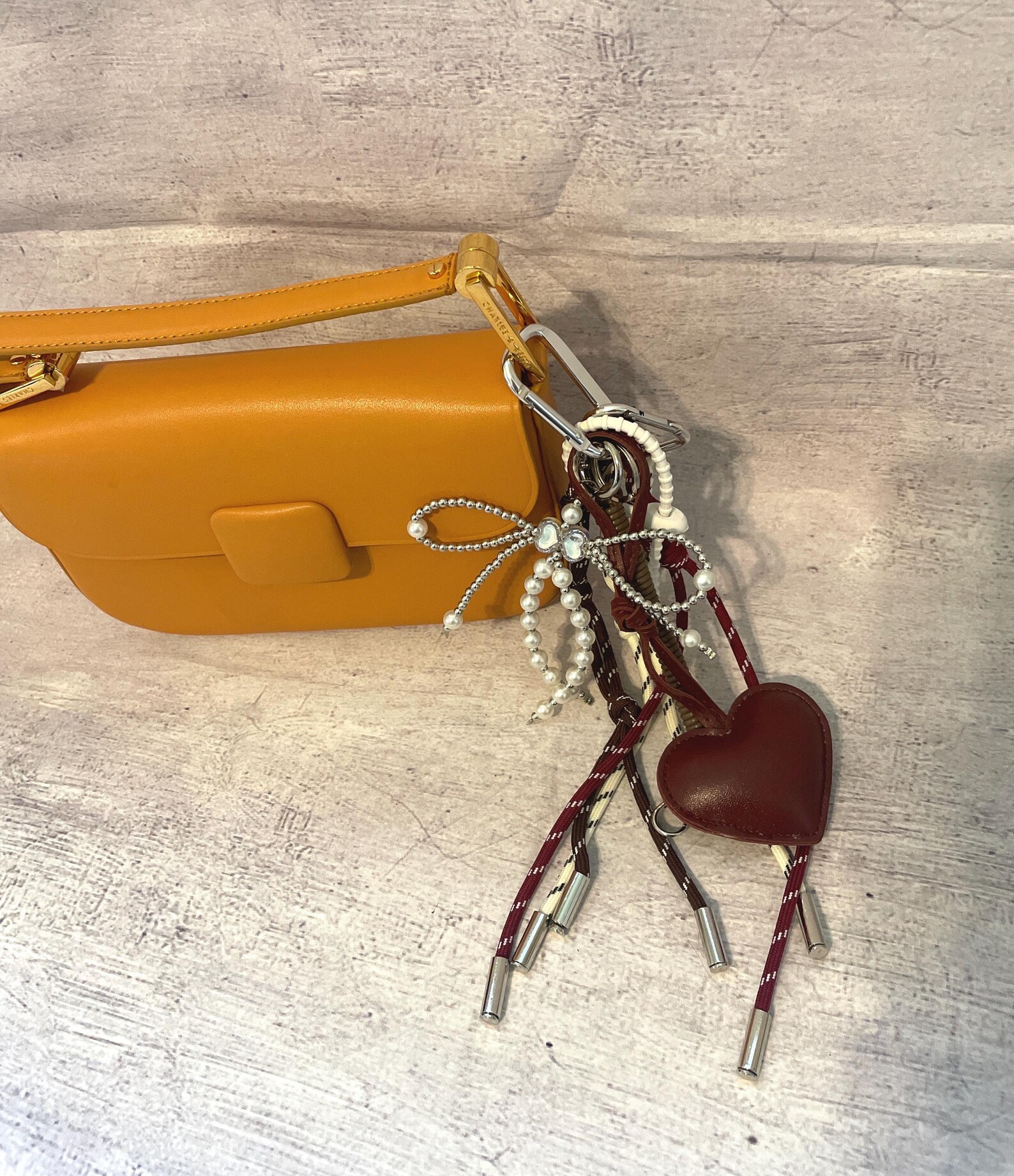 Ruby Red Heart Keychain, Pearl Ribbon, Rope Charm, Elegant Summer Bag ...