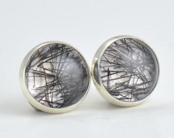 black tourmalinated quartz 4mm 6mm 8mm sterling silver rutilated stud earrings pair