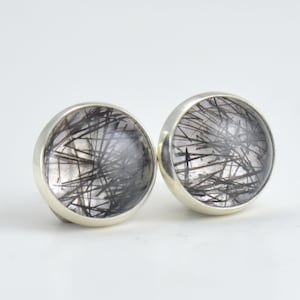 black tourmalinated quartz 4mm 6mm 8mm sterling silver rutilated stud earrings pair