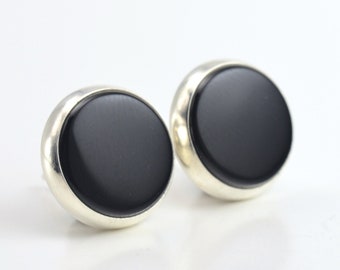 black onyx flat top 5mm 6mm 8mm 10mm sterling silver stud earrings pair