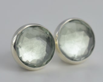 green quartz 8mm prasiolite rose cut sterling silver stud earrings pair
