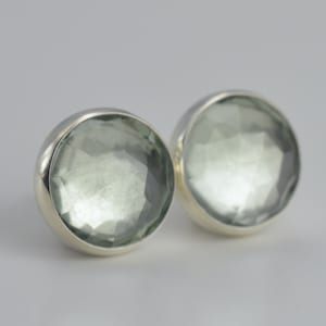 green quartz 6mm 8mm prasiolite rose cut sterling silver stud earrings pair
