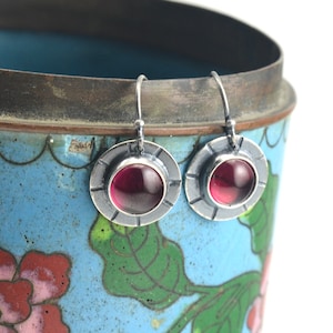 lab ruby corundum hammered circle sterling silver earrings