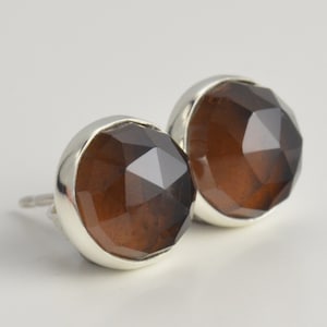 smoky quartz 8mm rose cut sterling silver stud earrings pair