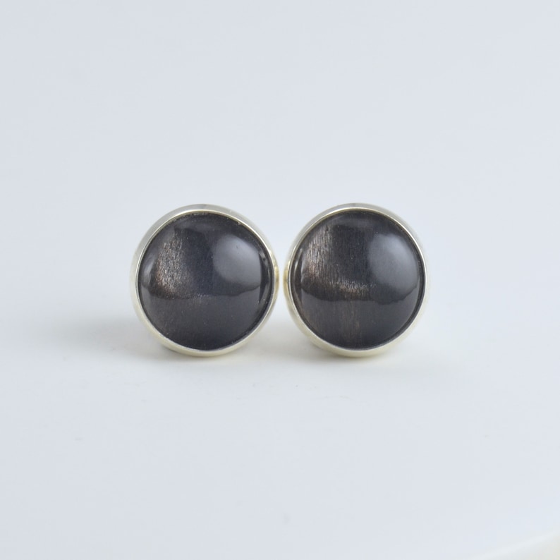 May include: A pair of round stud earrings. Each earring features a dark gray, polished stone set in a silver-colored bezel. The stones have a subtle, reflective quality, and the earrings are displayed against a white background.