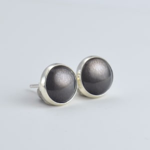 May include: A pair of stud earrings with a silver setting. The earrings have a dark gray, round stone with a subtle shimmer. The stones are set in a polished silver bezel, creating a simple yet elegant design.