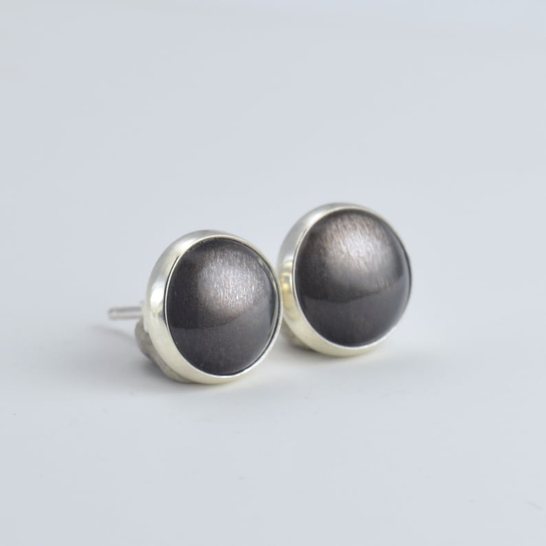 May include: A pair of stud earrings with a silver setting. The earrings have a dark gray, round stone with a subtle shimmer. The stones are set in a polished silver bezel, creating a simple yet elegant design.
