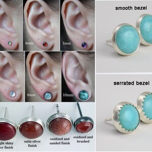 May include: Turquoise gemstone earrings with smooth and serrated bezels in various sizes from 3mm to 10mm. The earrings are shown on a model's earlobes. The earrings are also shown in different finishes: bright shiny silver, satin silver, oxidized and sanded, and oxidized and brushed.