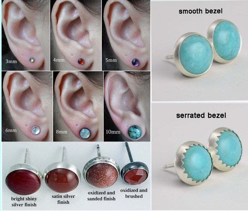 May include: A collection of stud earrings in various sizes and finishes. The image shows earrings from 3mm to 10mm, with smooth and serrated bezels. Finishes include bright shiny silver, satin silver, oxidized and sanded, and oxidized and brushed.
