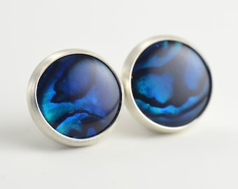 blue abalone paua shell  10mm sterling silver stud earrings pair