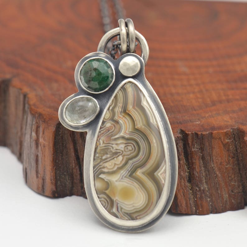 crazy lace agate emerald and tourmaline sterling silver pendant necklace