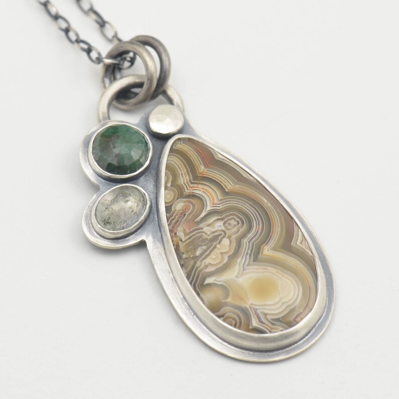 crazy lace agate emerald and tourmaline sterling silver pendant necklace