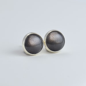 May include: A pair of round stud earrings. Each earring features a dark, iridescent, domed stone set in a silver-colored bezel. The stones have a shimmering, textured appearance, with shades of brown and gray.