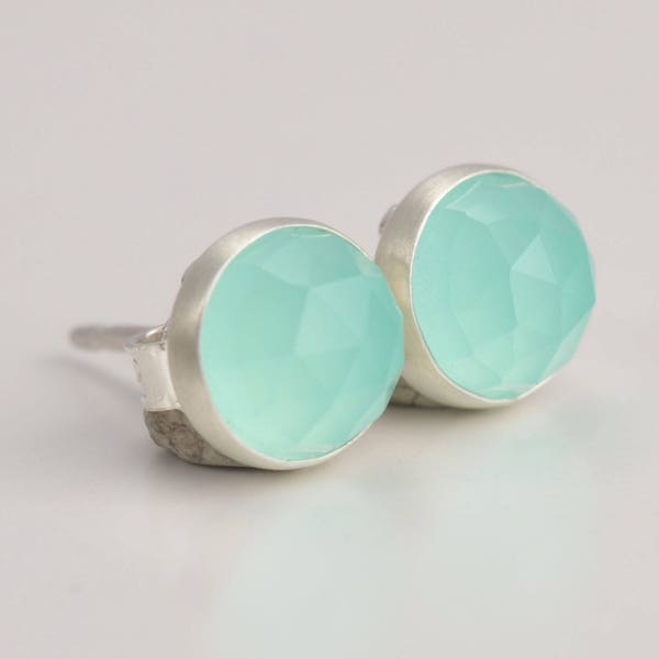 aqua chalcedony 6mm rose cut sterling silver stud earrings pair