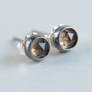 May include: A pair of silver stud earrings with brown gemstone accents. The earrings have a simple, minimalist design.