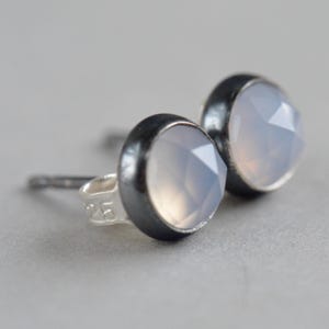 natural blue chalcedony rose cut 4mm 6mm sterling silver stud earrings pair