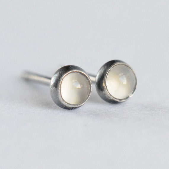 white moonstone 3mm sterling silver stud earrings pair