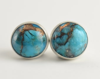 blue mojave turquoise 8mm with copper sterling silver stud earring pair