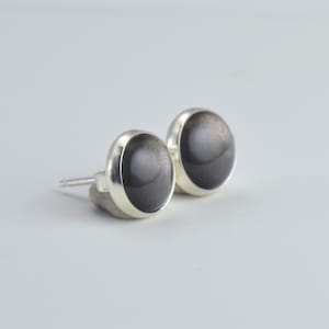 May include: A pair of stud earrings featuring a dark, iridescent stone set in a silver bezel. The stones have a smooth, polished surface with a subtle sheen. The earrings are round and have a classic, minimalist design, suitable for everyday wear.