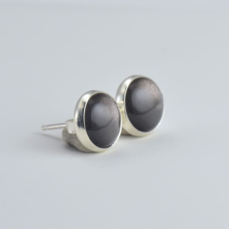 May include: A pair of stud earrings featuring a dark, iridescent stone set in a silver bezel. The stones have a smooth, polished surface with a subtle sheen. The earrings are round and have a classic, minimalist design, suitable for everyday wear.