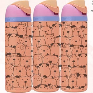 May include: Three reusable water bottles with a pink lid and a blue band. The bottles are covered in a pattern of orange dogs with black outlines.
